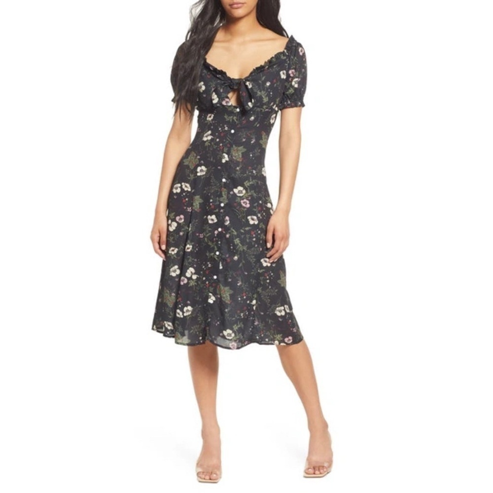 NEW Chelsea28 Floral Cut-Out Ruffle Bodice Midi Dress Black